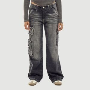 NWT BDG Urban Outfitters Y2K Cargo Low Rise Baggy Jeans in Grey/Black Sz 34W